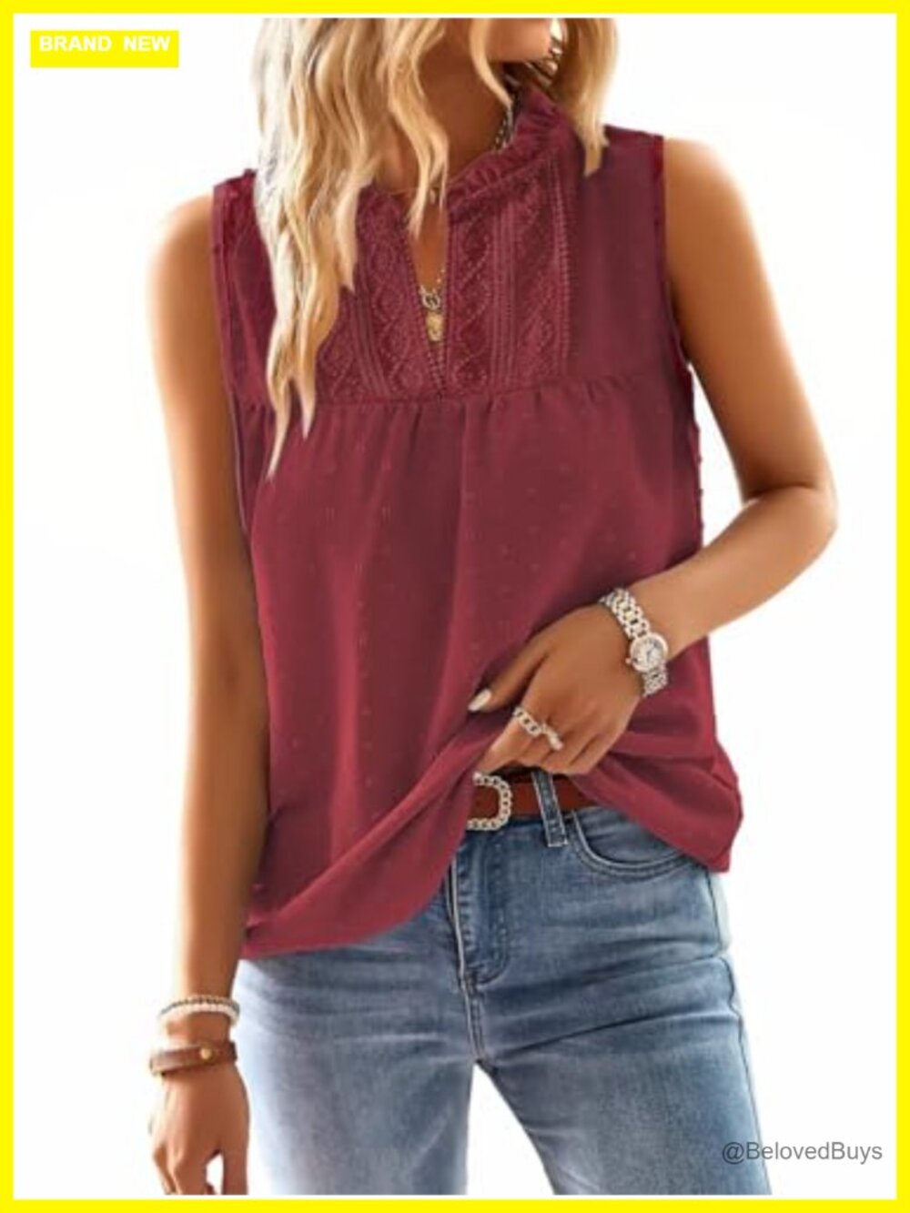 Womens Boho Flowy Lace Babydoll Sleeveless Tank Top V-Neck Swiss Dot Crochet